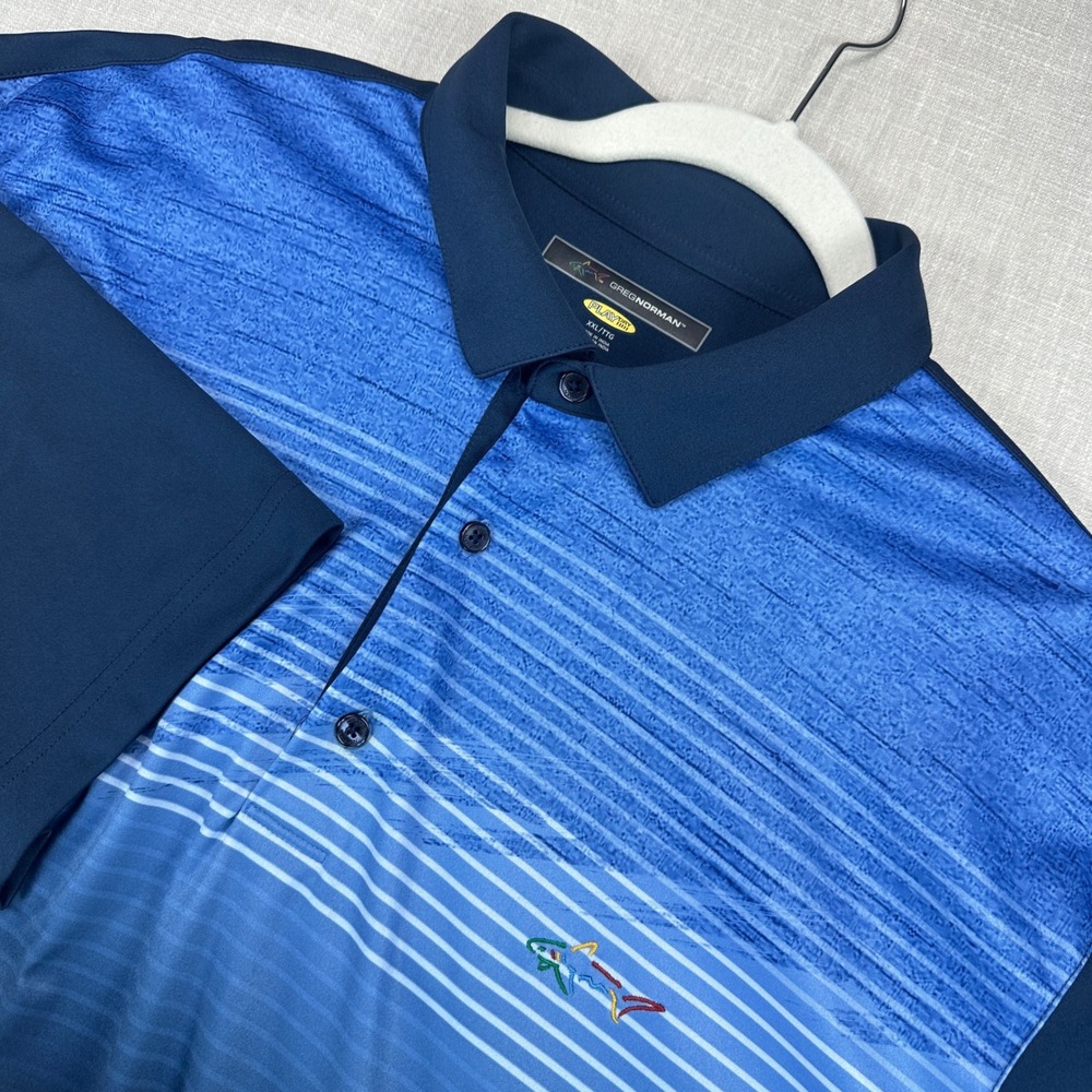 Greg Norman Polo Shirt Mens XXL Blue Striped Gradient Play Dry Golf Performance